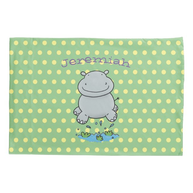 Cute hippo cartoon illustration on green pillowcase (Back)