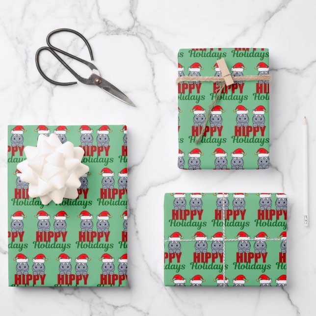 Cute Hippo Christmas Funny Hippy Holidays Green Wrapping Paper Sheet (Front)