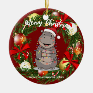 Cute Hippo christmas tree zoo animal Xmas Wealth f Ceramic Ornament