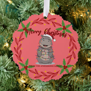 Cute Hippo christmas tree zoo animal Xmas Wealth f Decoration Card