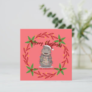 Cute Hippo christmas tree zoo animal Xmas Wealth f Holiday Card