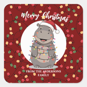 Cute Hippo christmas tree zoo animal Xmas Wealth f Square Sticker
