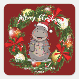 Cute Hippo christmas tree zoo animal Xmas Wealth f Square Sticker