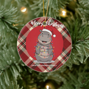 Cute Hippo Christmas tree zoo safari Xmas plaid pa Ceramic Ornament