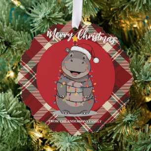 Cute Hippo Christmas tree zoo safari Xmas plaid pa Decoration Card