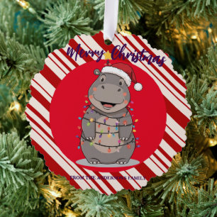 Cute Hippo Christmas tree zoo safari Xmas plaid pa Decoration Card