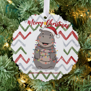 Cute Hippo Christmas tree zoo safari Xmas plaid pa Decoration Card