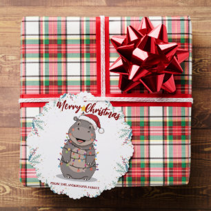 Cute Hippo Christmas tree zoo safari Xmas plaid pa Decoration Card