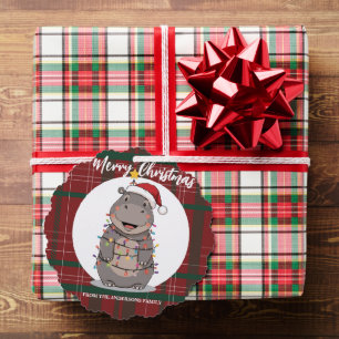 Cute Hippo Christmas tree zoo safari Xmas plaid pa Decoration Card