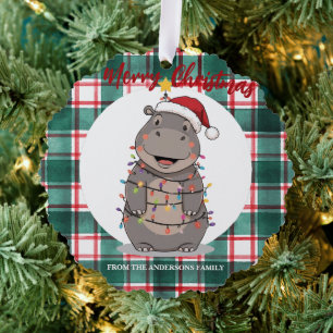 Cute Hippo Christmas tree zoo safari Xmas plaid pa Decoration Card