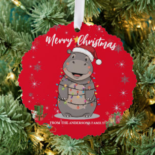 Cute Hippo Christmas tree zoo safari Xmas plaid pa Decoration Card