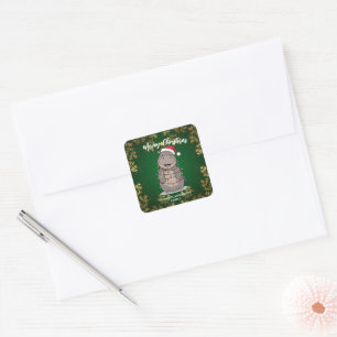 Cute Hippo Christmas tree zoo safari Xmas plaid pa Square Sticker