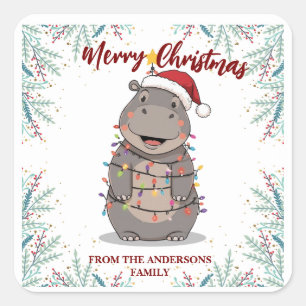 Cute Hippo Christmas tree zoo safari Xmas plaid pa Square Sticker