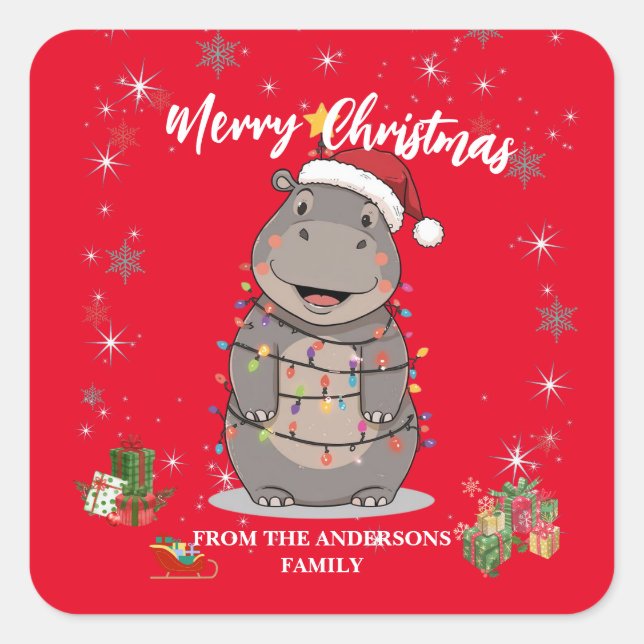 Cute Hippo Christmas tree zoo safari Xmas plaid pa Square Sticker (Front)