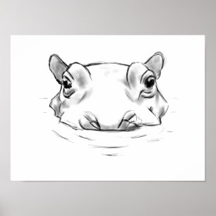 Cute hippo drawing poster