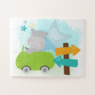 Cute Hippo Driving Green Car Childrens Jigsaw Puzzle