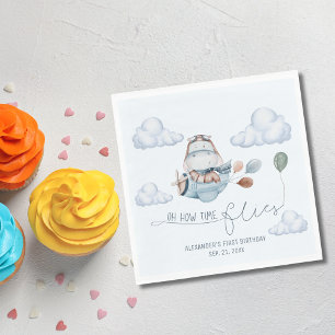 Cute Hippo Flies Aeroplane & Clouds, First Birthda Napkin