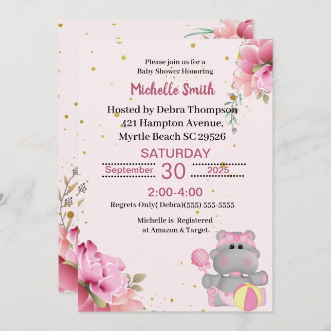 Cute Hippo Floral Baby Shower Invitations (Front/Back)