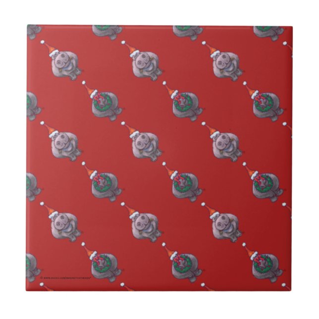 Cute Hippo Heads and Tails Pattern on Red Ceramic Tile (Front)