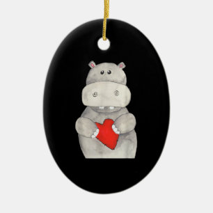 Cute Hippo Hippopotamus Holding Heart   Love Hippo Ceramic Ornament