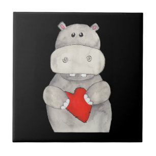 Cute Hippo Hippopotamus Holding Heart Love Hippo Ceramic Tile