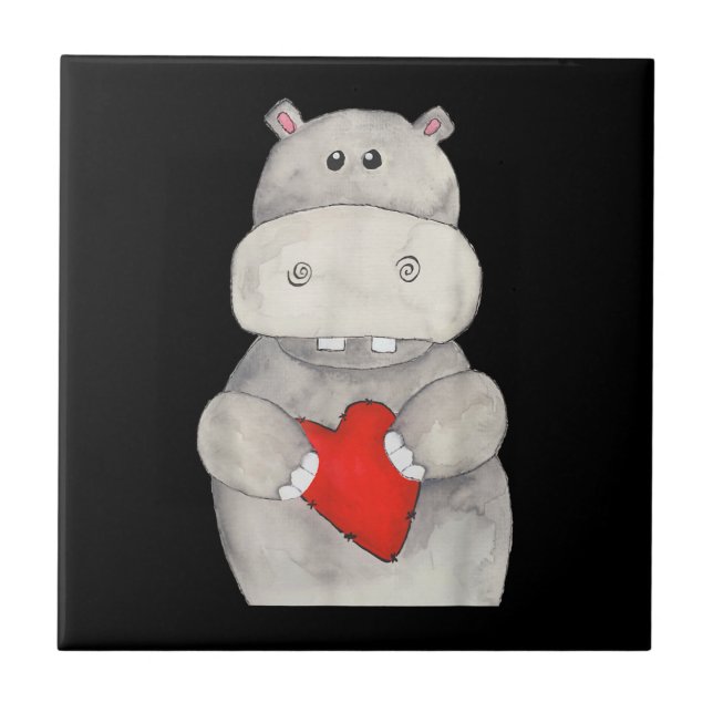 Cute Hippo Hippopotamus Holding Heart | Love Hippo Ceramic Tile (Front)