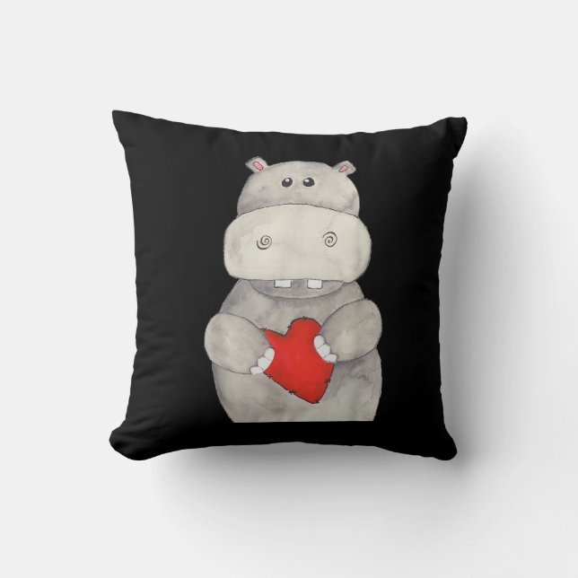 Cute Hippo Hippopotamus Holding Heart | Love Hippo Cushion (Front)