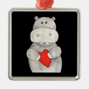 Cute Hippo Hippopotamus Holding Heart   Love Hippo Metal Ornament