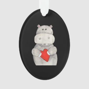 Cute Hippo Hippopotamus Holding Heart Love Hippo Ornament