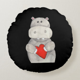 Cute Hippo Hippopotamus Holding Heart   Love Hippo Round Cushion