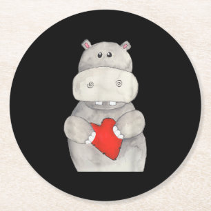 Cute Hippo Hippopotamus Holding Heart Love Hippo Round Paper Coaster
