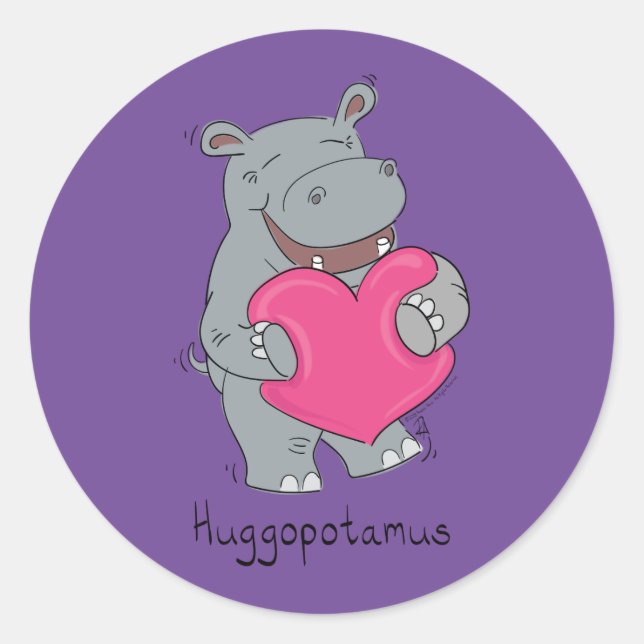 Cute Hippo Hugs Cute Animal Cartoon Classic Round Sticker (Front)
