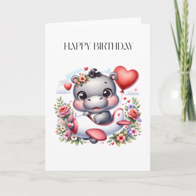 Cute Hippo in Heart Plane Card (Front)
