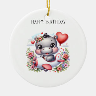 Cute Hippo in Heart Plane Ceramic Ornament