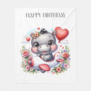 Cute Hippo in Heart Plane Fleece Blanket