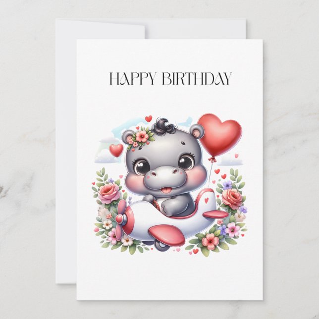 Cute Hippo in Heart Plane Invitation (Front)
