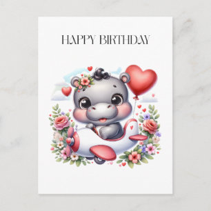 Cute Hippo in Heart Plane Invitation Postcard
