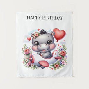Cute Hippo in Heart Plane Tapestry