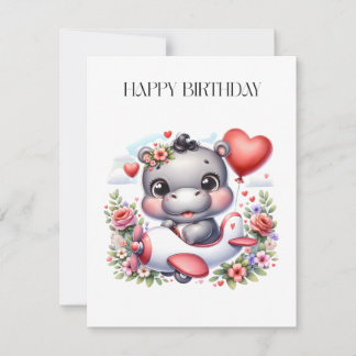 Cute Hippo in Heart Plane Thank You Card