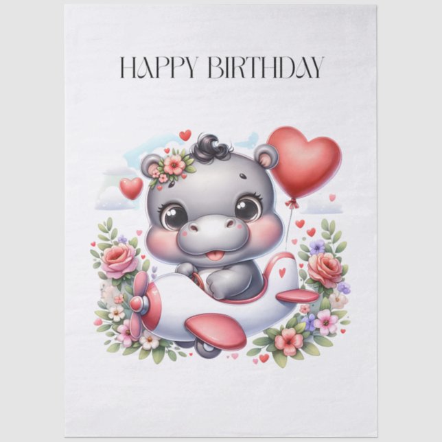 Cute Hippo in Heart Plane Tissue Paper (Front)