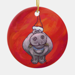 Cute Hippo in Santa Hat on Red Ceramic Ornament