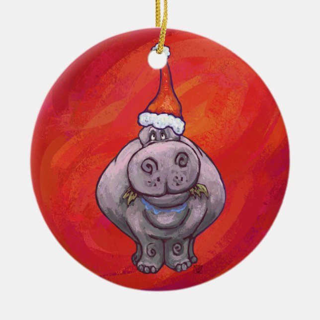 Cute Hippo in Santa Hat on Red Ceramic Ornament (Front)