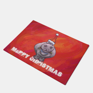 Cute Hippo in Santa Hat on Red Doormat