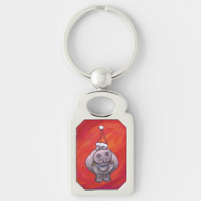Cute Hippo in Santa Hat on Red Key Ring (Front)