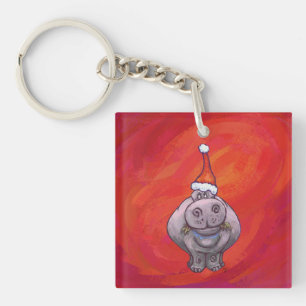 Cute Hippo in Santa Hat on Red Key Ring