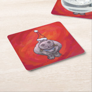 Cute Hippo in Santa Hat on Red Square Paper Coaster