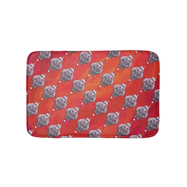 Cute Hippo in Santa Hat Pattern on Red Bath Mat (Front)