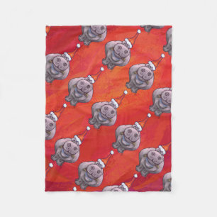 Cute Hippo in Santa Hat Pattern on Red Fleece Blanket