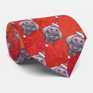 Cute Hippo in Santa Hat Pattern on Red Tie