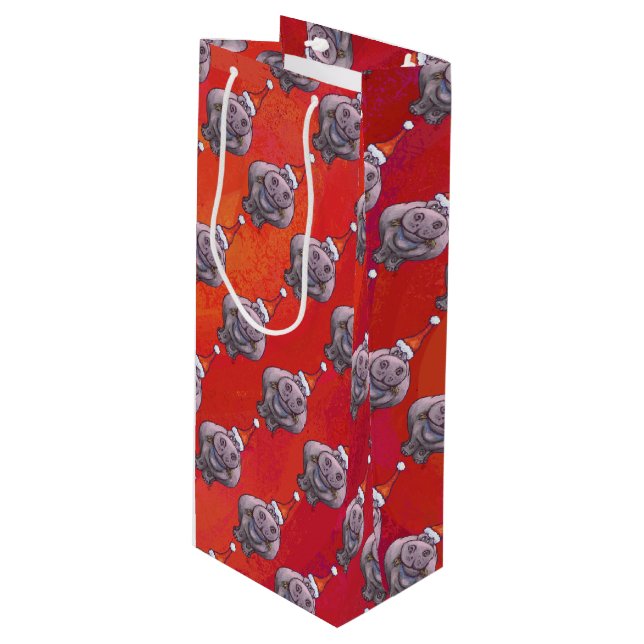 Cute Hippo in Santa Hat Pattern on Red Wine Gift Bag (Front Angled)